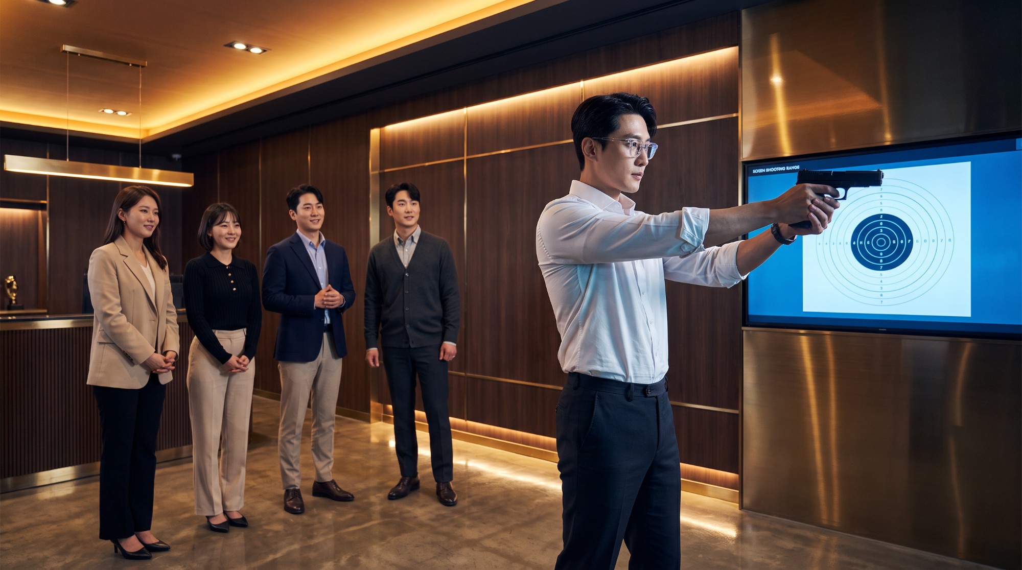 30대 직장인이 스크린 사격을 하는 모습을 남녀 4명이 감탄하며 지켜보는 장면